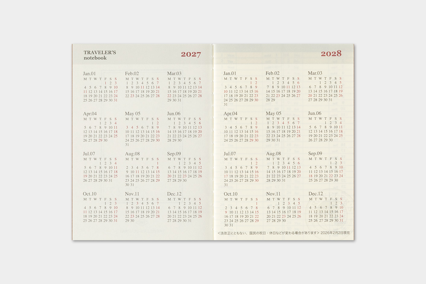 Traveler`s Company 2027 - Weekly Diary Refill Passport Size