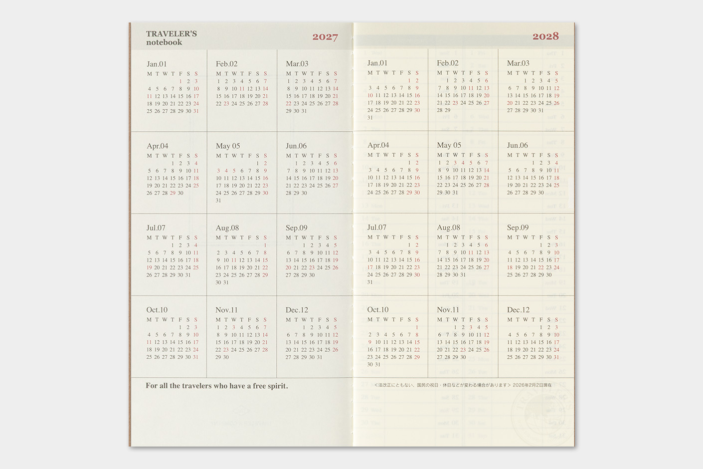Traveler`s Company 2027 - Weekly plus Memo Refill Regular Size
